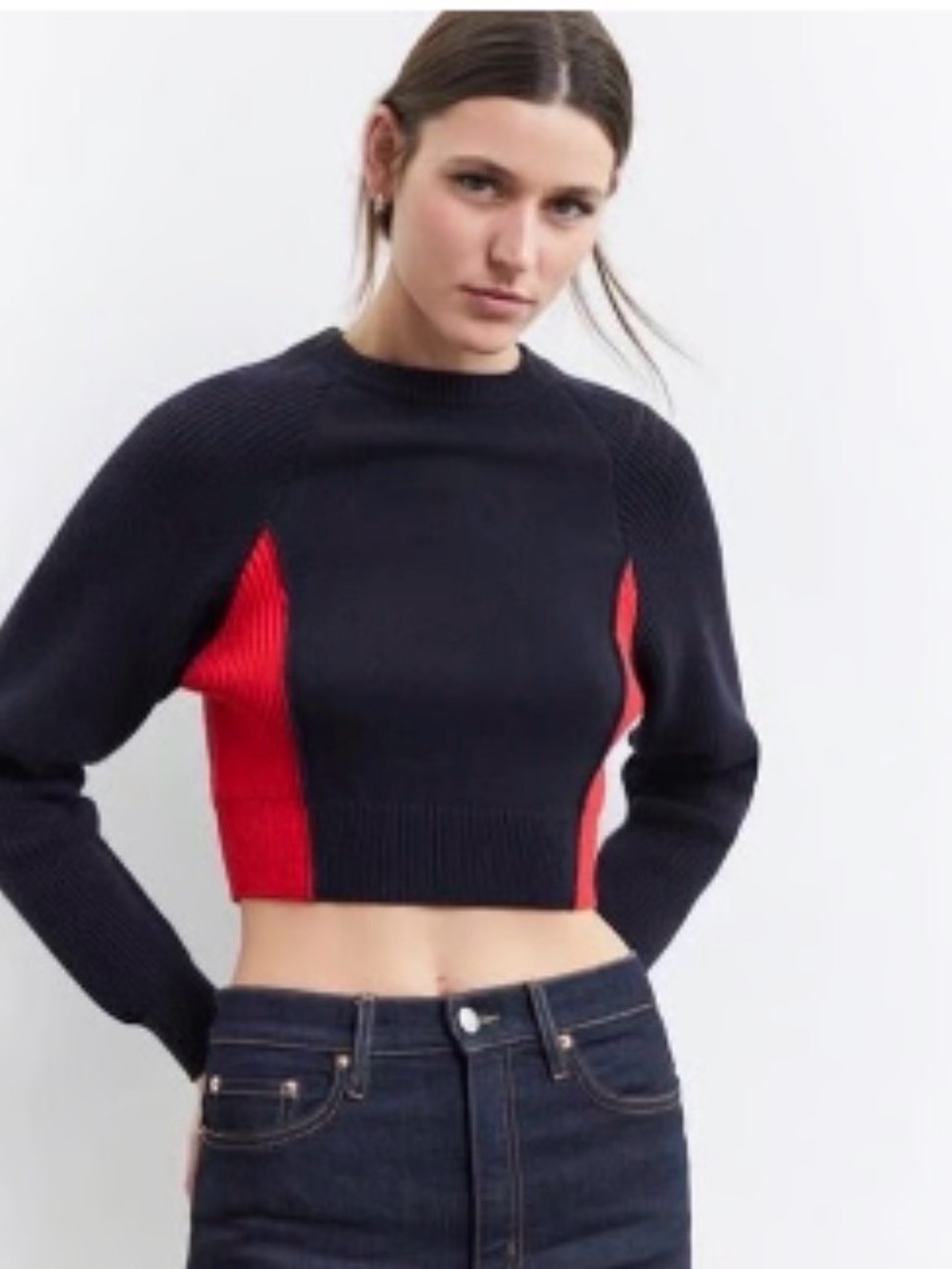 Zara Navy Crewneck Cropped Sweater with Red Side Panels